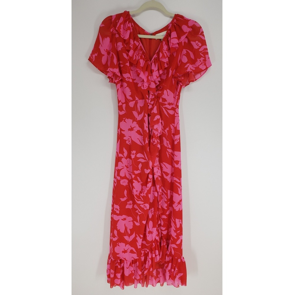 PINCH Floral Ruffle High Low Maxi Dress Size Small Red Pink Chiffon Short Sleeve